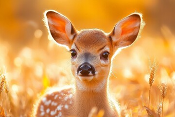 Poster - Young fawn stands gracefully in a golden field during a serene autumn afternoon