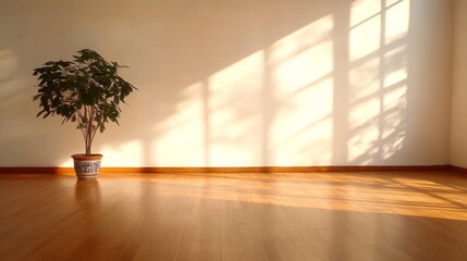Poster - Bright room with an empty white wall and wooden floor showcases a small green plant in a ceramic pot, providing ample space for text or artwork