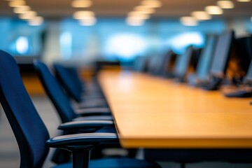Fototapete - Blurry view of a sleek office interior showcasing a row of modern desks and outlines of chairs, providing a stylish backdrop for a corporate atmosphere