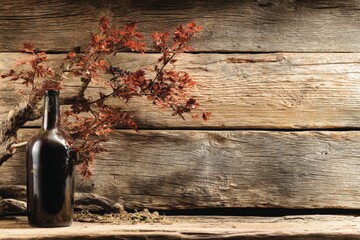 Aufkleber - Brown glass bottle beside a small tree branch with red leaves against a rustic wooden backdrop