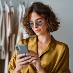 Poster - In a chic boutique, a fashionable AI stylist is engrossed in her smartphone, selecting trendy outfits and sharing style tips while surrounded by elegant garments on hangers