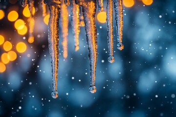 Aufkleber - Icicles hang from a roof with soft glowing lights and snowflakes falling in a winter scene at dusk