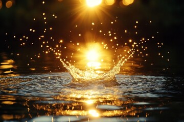 Poster - Water splash captures the glowing sunlight reflecting on a tranquil surface in a serene natural setting