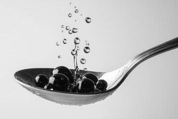 Aufkleber - Liquid droplets suspended above a shiny spoon create an intriguing visual effect in a minimalist setting