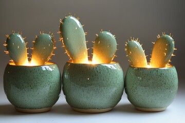 Poster - Unique decorative cacti planters create a warm glow in a modern indoor setting