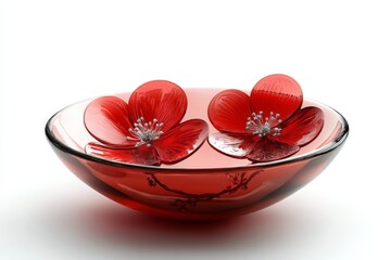Poster - Decorative glass bowl with vibrant red flowers floating gracefully on tranquil water