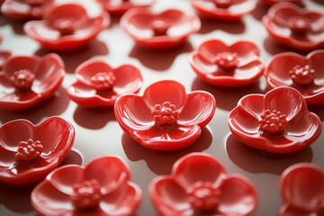 Poster - Variety of red ceramic flower-shaped ornaments displayed on a flat surface in a bright setting
