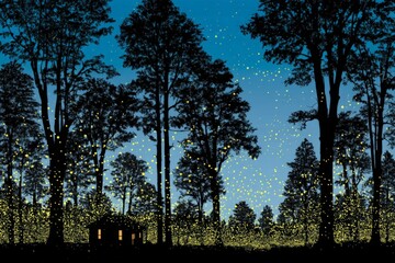 Poster - Glow of fireflies illuminates a serene forest landscape at twilight near a cozy cabin