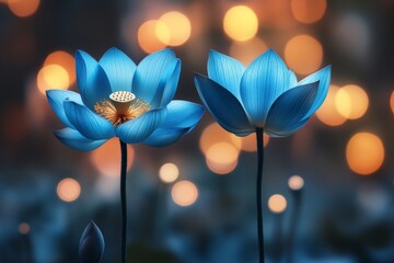Poster - Blue lotus flowers blooming in tranquil water at dusk, illuminated by soft, golden lights in the background