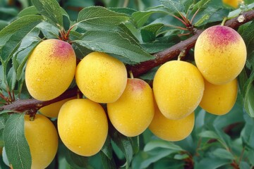 Poster - Yellow plums hanging from a vibrant green branch in a sunny orchard during late summer