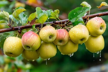 Poster - Freshly picked apples glisten with dew in a vibrant orchard during early morning