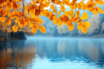 Poster - vibrant autumn leaves above a tranquil lake with reflections and soft fog in a serene landscape