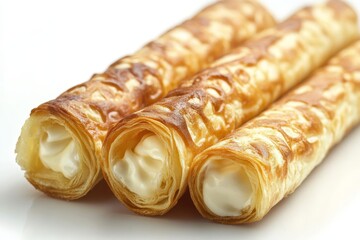Poster - Crispy pastry rolls filled with creamy filling on a plain background ready to be enjoyed as a delightful snack or dessert