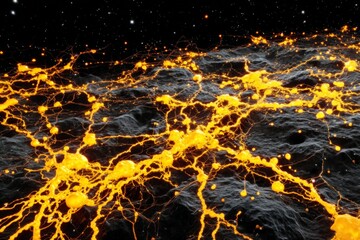 Fototapete - Vivid neural network resembling molten lava flowing through a cosmic landscape with a starry background