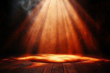 Leinwandbilder - Light beams illuminate a circular stage on a wooden floor in a dimly lit environment during an artistic performance