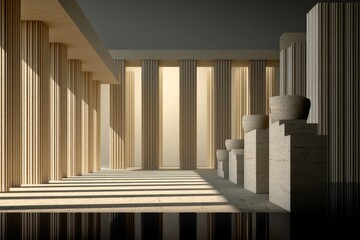 Aufkleber - Modern architectural design showcasing a minimalist interior with towering columns and geometric shapes at sunset