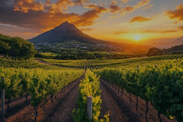 Aufkleber - Breathtaking vineyard view at sunset with mountains and lush grapevines under a colorful sky