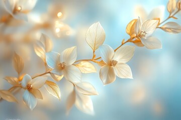 Fototapete - Delicate white and gold flowers with soft blue background creating a serene and elegant atmosphere in nature