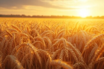 Poster - Golden wheat field at sunset illuminating the horizon with warm hues