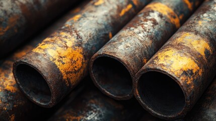 Poster - Detailed close-up of weathered and rusty industrial pipes, capturing the decay and aging process in a vintage factory setting with rich textures.