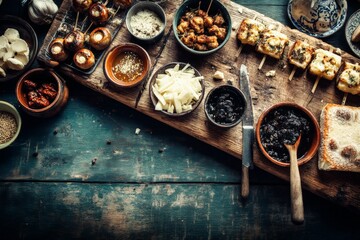 Poster - Delicious spread of appetizers arranged on a rustic wooden table for a gathering in the evening