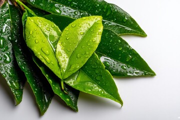 Poster - Fresh green leaves with water droplets on a white background highlighting their vibrant color and texture