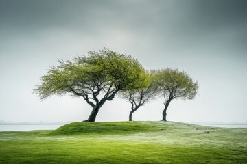Poster - Tranquil landscape featuring three windswept trees on a serene grassy hill by the water during misty weather