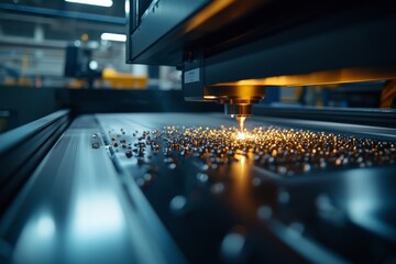 Poster - CNC milling machine operates in an industrial workshop, cutting through metal with rotating tools while metal shavings scatter across the work surface