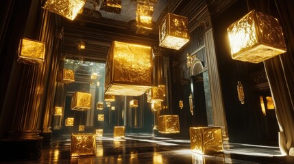 Poster - Floating golden cubes in an opulent environment, exuding luxury, wealth, and sophistication in a lavish, high-tech setting.
