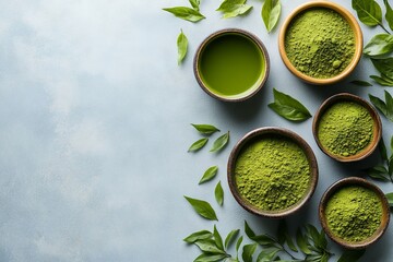 Poster - Green matcha tea set with powdered matcha and fresh leaves arranged on a light blue background displays natural ingredients beautifully
