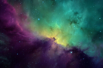 Aufkleber - Cosmic nebula with purple, green, and yellow hues, scattered with stars, creating a dreamy, ethereal atmosphere, symbolizing the vastness and wonder of space