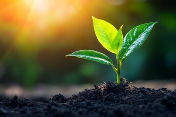 Poster - Newly sprouted plant emerging from rich soil in bright sunlight during early morning hours