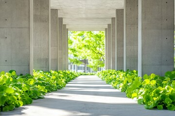 Poster - Lush green pathway with concrete pillars in modern urban setting during daylight