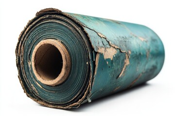 Poster - Old, worn roll of blue-green paper with damaged edges, found tucked away in a vintage workshop filled with art supplies