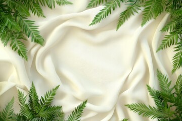 Aufkleber - Natural textiles frame with fern leaves on soft white fabric, perfect for a decorative or artistic setting in a calm environment