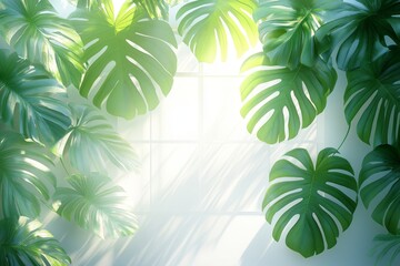 Aufkleber - Lush green monstera leaves framing a sunlit indoor space filled with natural light and shadows