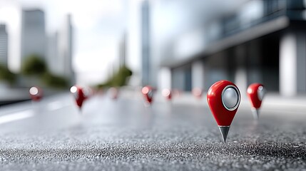 Poster - Close up view of red location pins along a road with a cityscape, showcasing a concept for route planning in travel applications