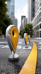 Poster - Close up view of red location pins along a road with a cityscape, showcasing a concept for route planning in travel applications
