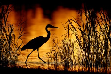 Poster - Elegant heron wading through the water during sunset near a tranquil marsh