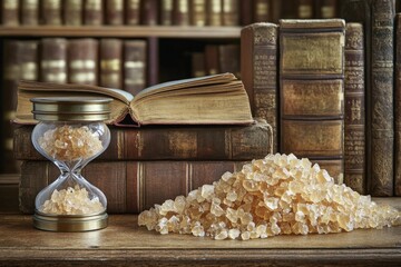 Aufkleber - Decorative hourglass with sugar crystals beside antique books on a wooden surface in a cozy library setting
