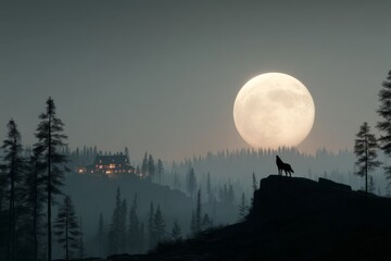Poster - Wolf howling on a rocky outcrop under a large full moon with a distant cabin in a forest landscape at night