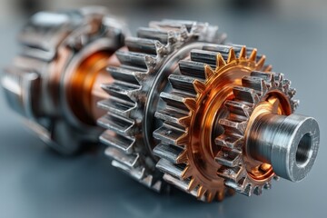 Poster - Precision engineered gears displayed on a workshop table highlighting industrial craftsmanship and detailed mechanics