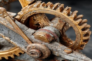 Aufkleber - Intricate details of an antique mechanical gear system showcasing rust and decay in intricate craftsmanship