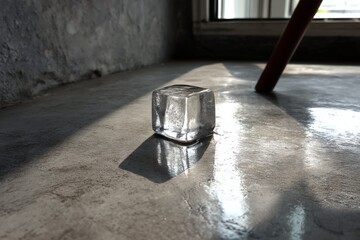 Aufkleber - Ice cube on a grey surface with sunlight creating shadows in a cozy indoor setting