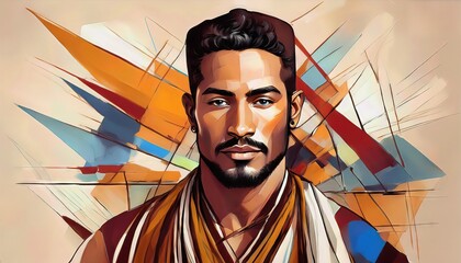 Poster - Portrait of a Man with Abstract Backdrop, Bold Geometric Patterns Evoke a Sense of Movement and Energy in the Minimalist Artwork of .