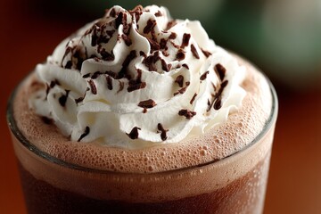 Poster - Creamy dessert beverage topped with whipped cream and chocolate shavings served in a clear glass