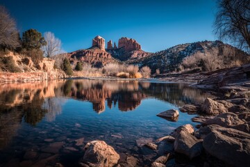 Poster - Reflections of red rock formations at sunset near a serene river in Sedona, Arizona