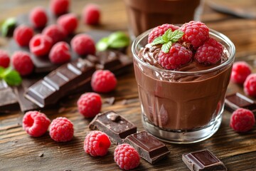 Poster - Delicious chocolate mousse topped with fresh raspberries and mint on a wooden table