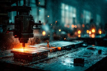 Poster - Industrial workshop showcases precision machining with sparks flying during metal fabrication at dusk