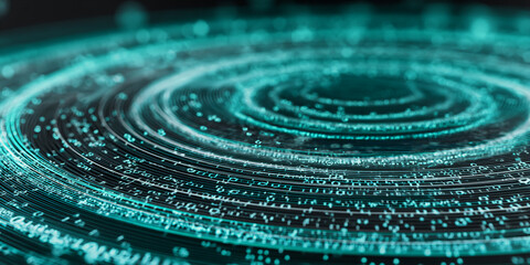 Poster - Abstract teal digital data swirls, creating concentric circles, representing technology, innovation, and the flow of information, ideal for tech backgrounds